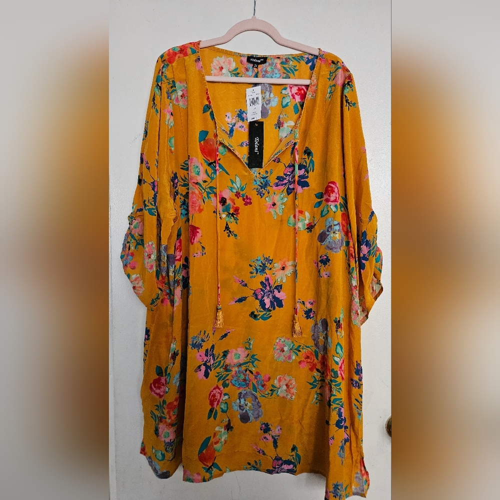 Tolani Mustard Floral Silk Dress